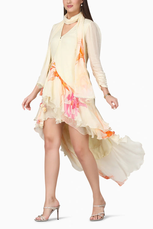 High Low Wrap Ivory Dress With Scraf