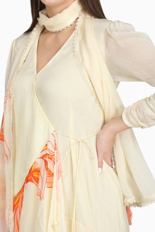 High Low Wrap Ivory Dress With Scraf