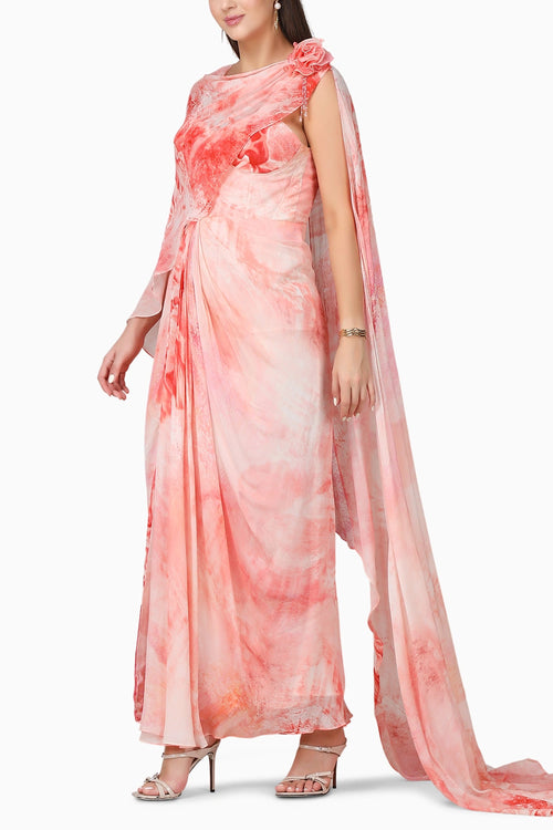 Crimson Corset Dress With Drape Cape