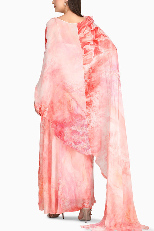 Crimson Corset Dress With Drape Cape
