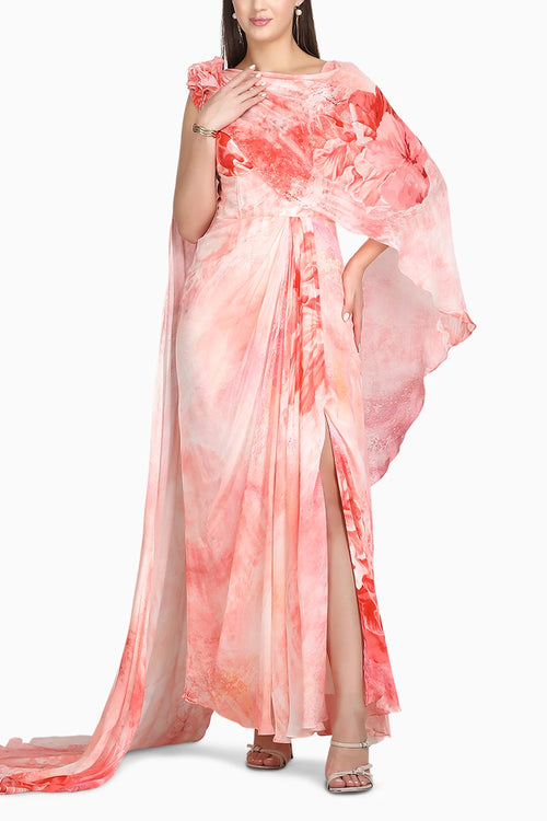 Crimson Corset Dress With Drape Cape