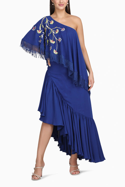 Sapphire Fringe Drape One Shoulder Dress