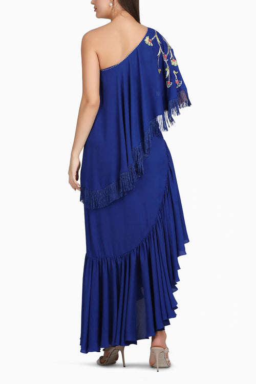 Sapphire Fringe Drape One Shoulder Dress