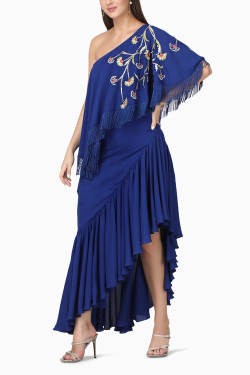 Sapphire Fringe Drape One Shoulder Dress