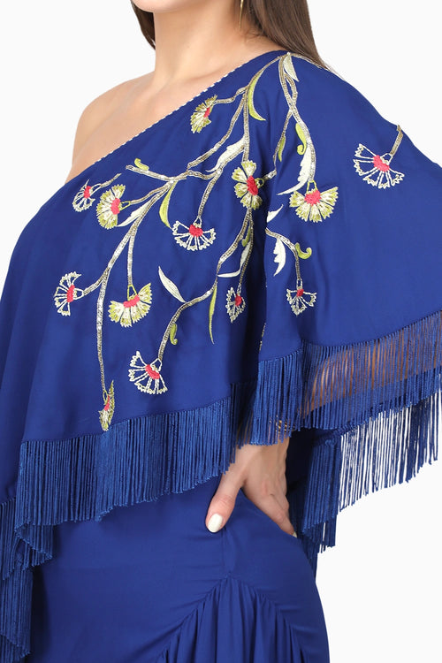 Sapphire Fringe Drape One Shoulder Dress