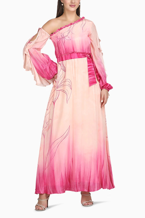 One Shoulder Doodle Pink Dress