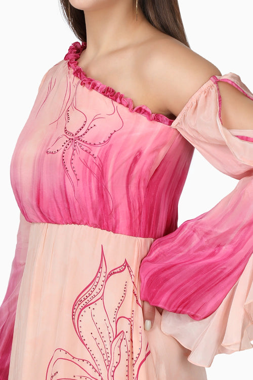 One Shoulder Doodle Pink Dress