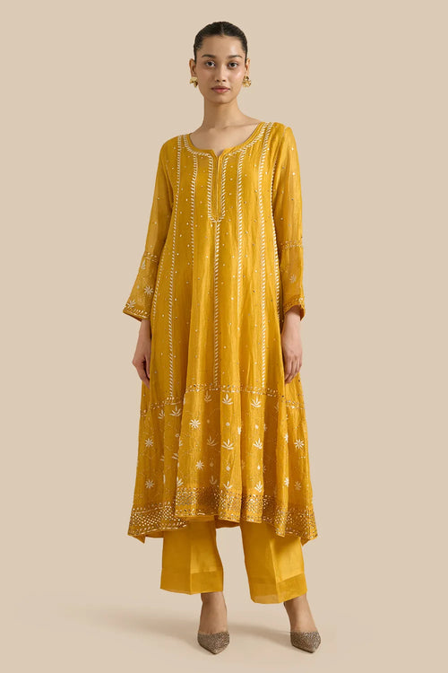 Kalidar Set With Kamdani Embroidery Aborned With Thread Work