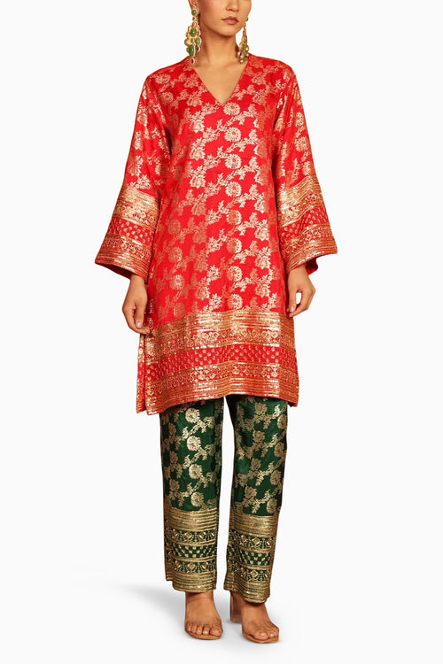 Red Dark Green Banarasi Begum Tunic Set