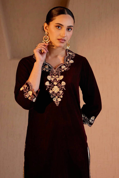 Maroon Velvet Kurta With Pants