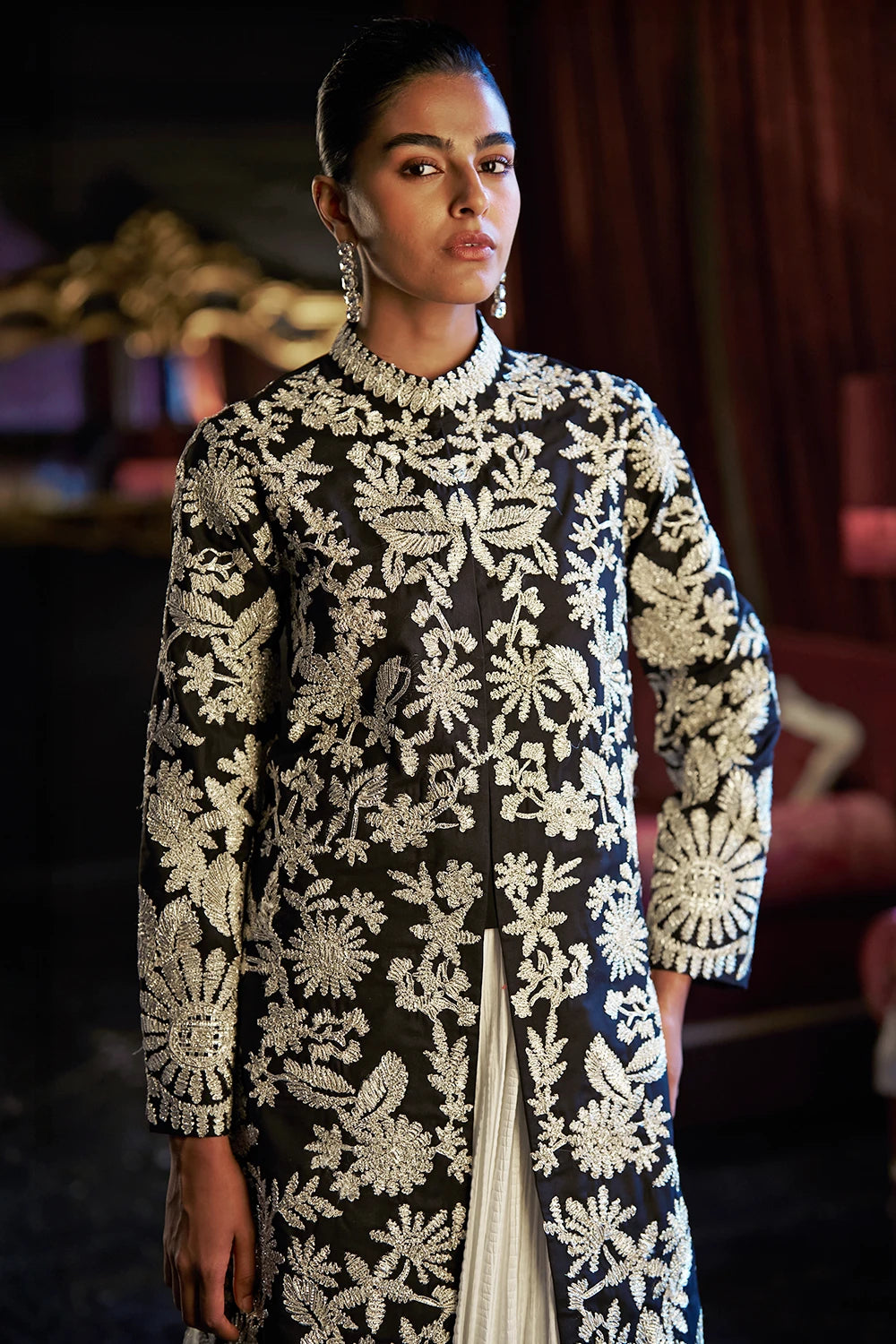 Gota Embroidered Longline Jacket And Crushed Skirt