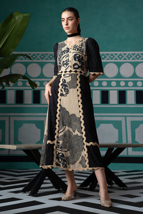 Black Print and Eyelet Lace Dress