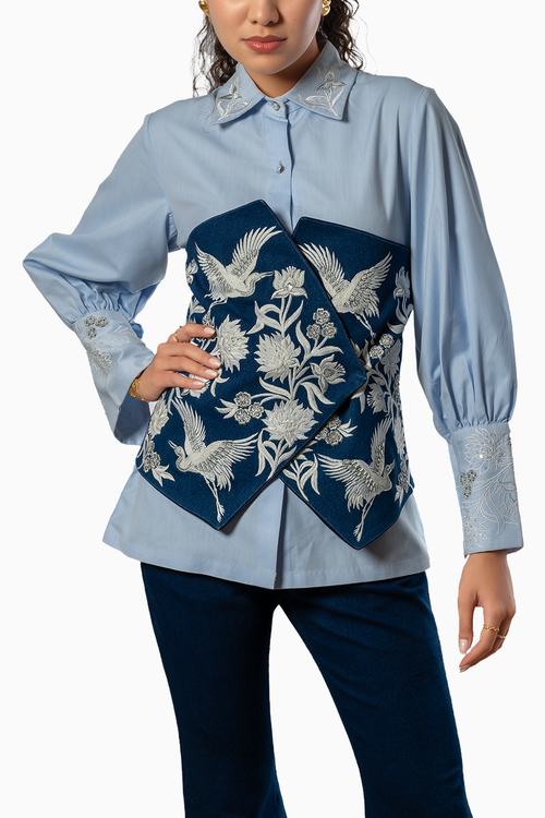 Blue Chevron Shirt With Embroidered Corset Belt