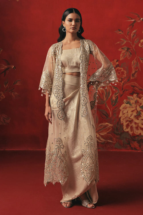 Pearl Silver Mirrorwork Cape Set