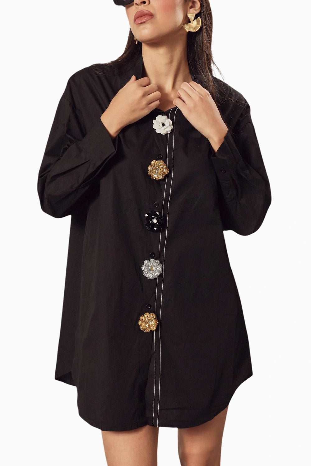 Beatrix Bejeweled Black Button Me Up Shirt Dress