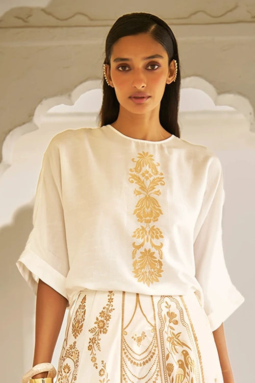 Ivory Embroidered Motif Boxy Shirt