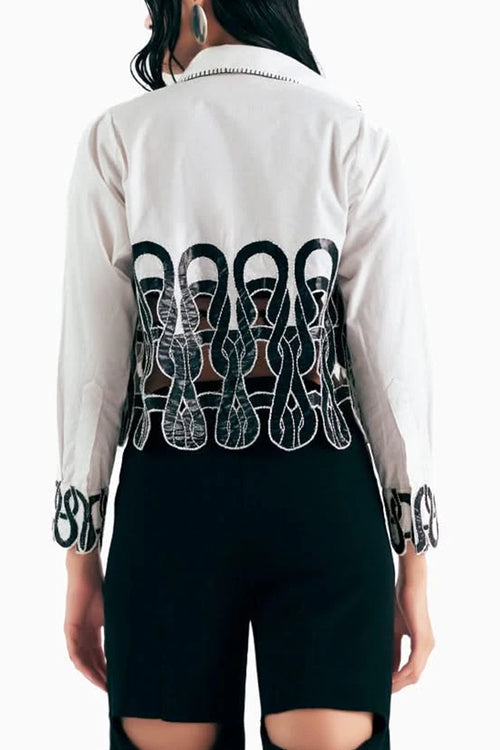 Monochrome Knit Loop Cutwork Cropped Shirt