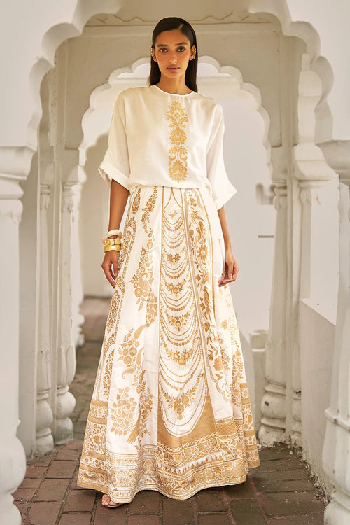Ivory and Gold Silk Brocade Maxi Skirt Set
