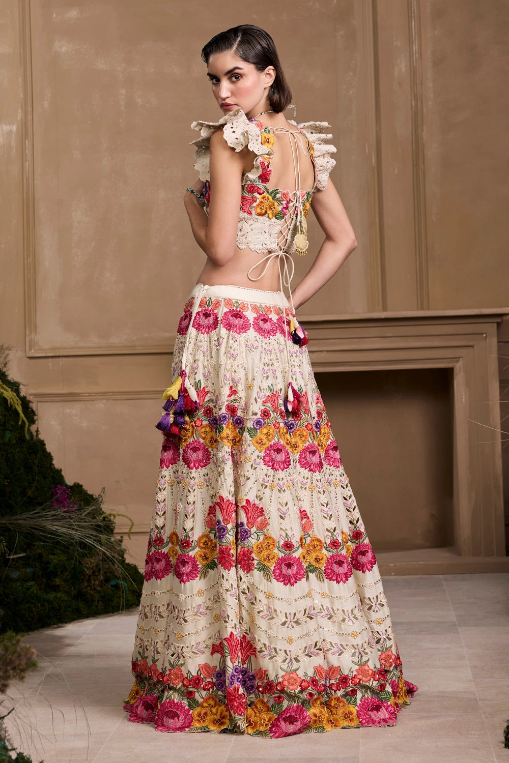 Ivory Multicoloured Florals Lehenga Set