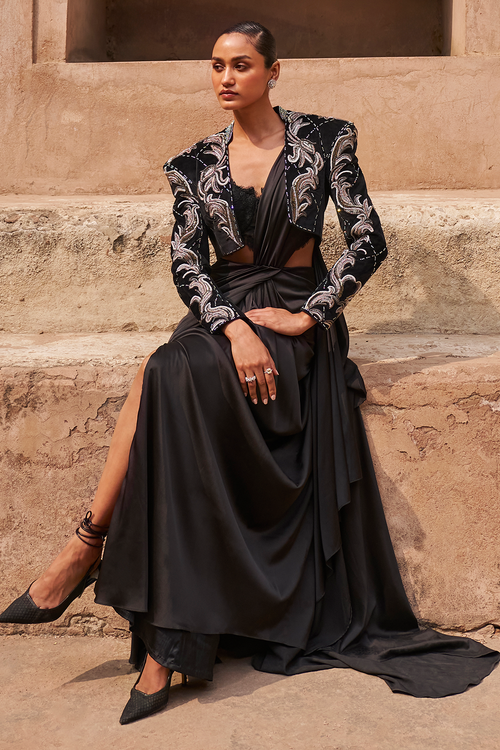 Sand Swept Mirage Crop Blazer With Drape Saree