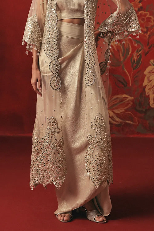 Pearl Silver Mirrorwork Cape Set