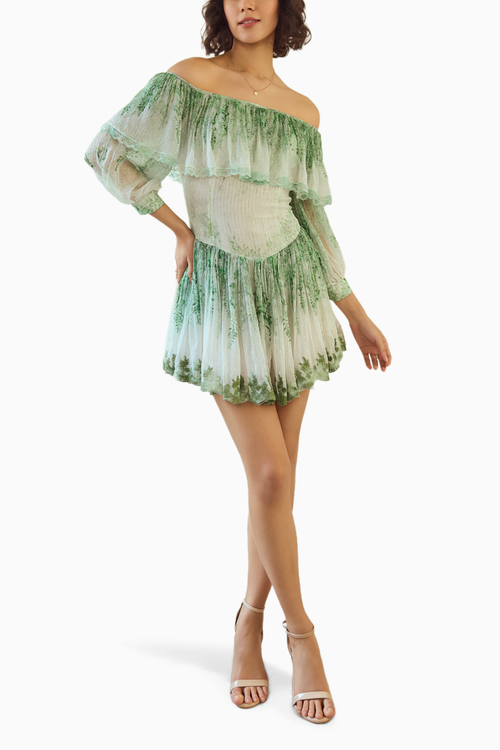 Green White Off-Shoulder Printed Short Dress