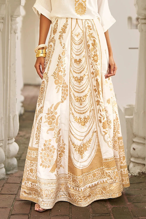 Ivory and Gold Benares Silk Brocade Maxi Skirt
