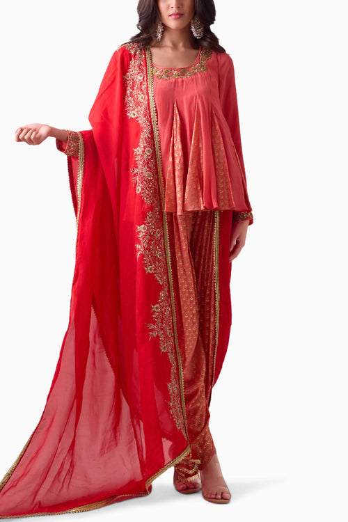 Rose Salmon Crepe Set With Scarf