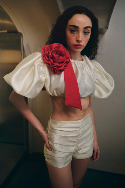 White Ruched High-waisted Shorts