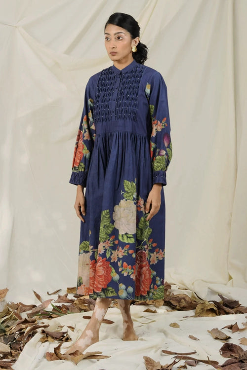 Blue & Green Poppy Bloom All Over Print Dress