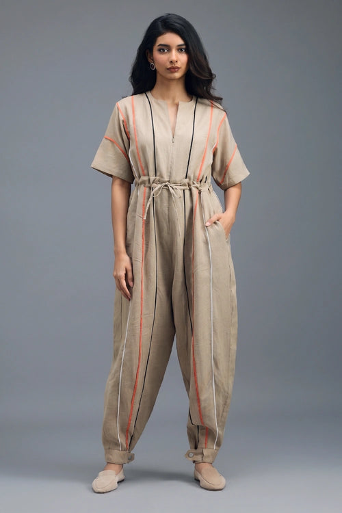 Beige Zip-Front Jumpsuit