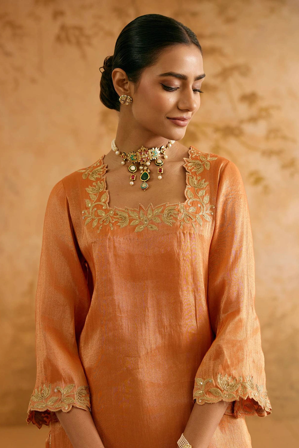 Rust Fern Tissue Kurta With Pants