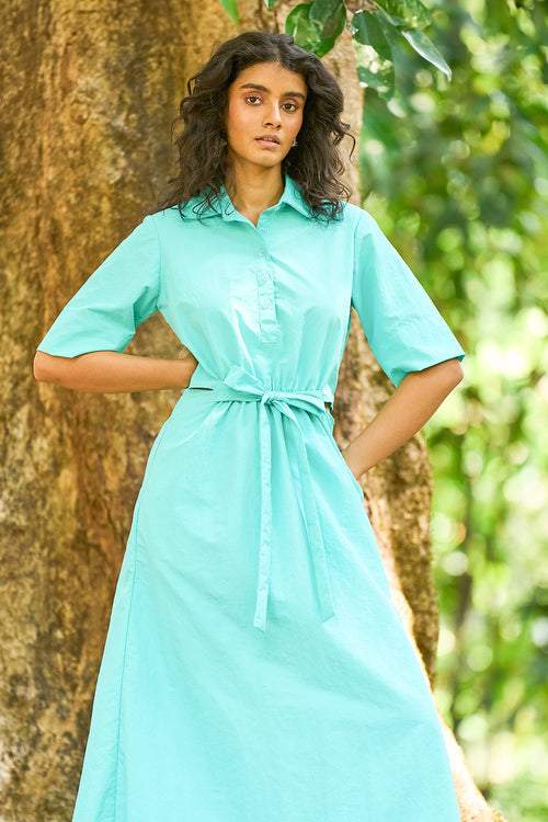 Front Tie Blue Shirt Dress