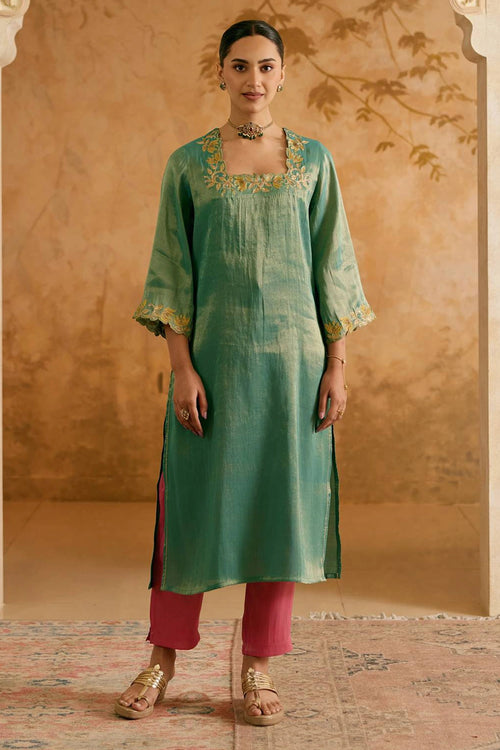 Green Rose Tissue Kurta With Pants