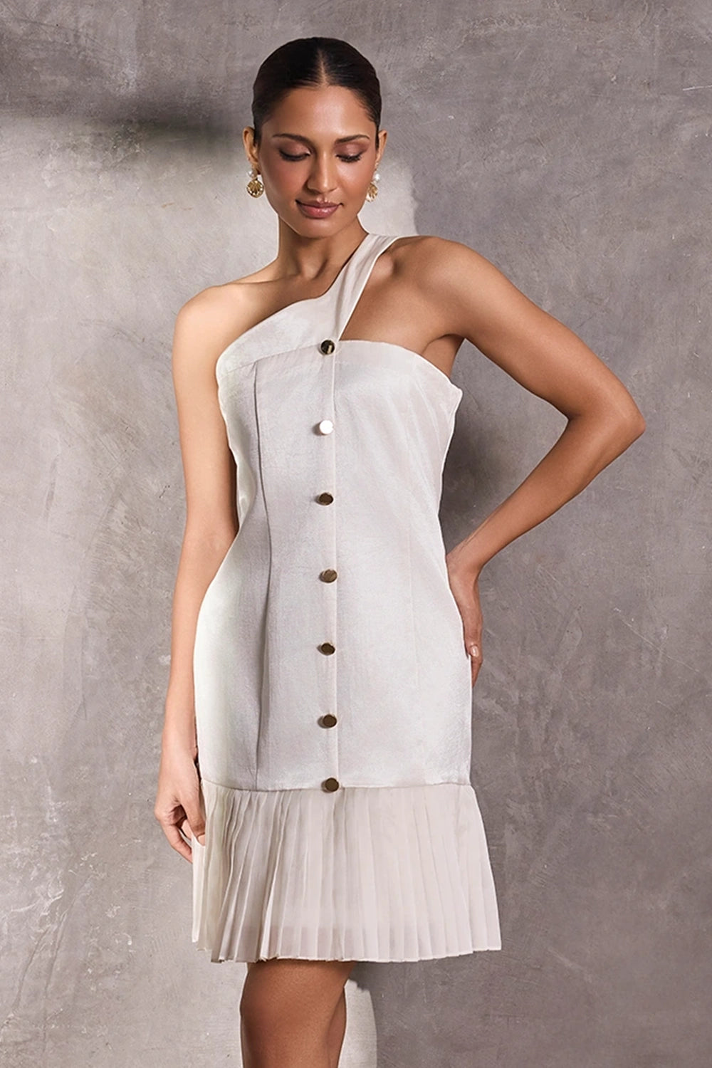 Ivory Gajji Silk One Shoulder Dress With Pleated Organza Bottom