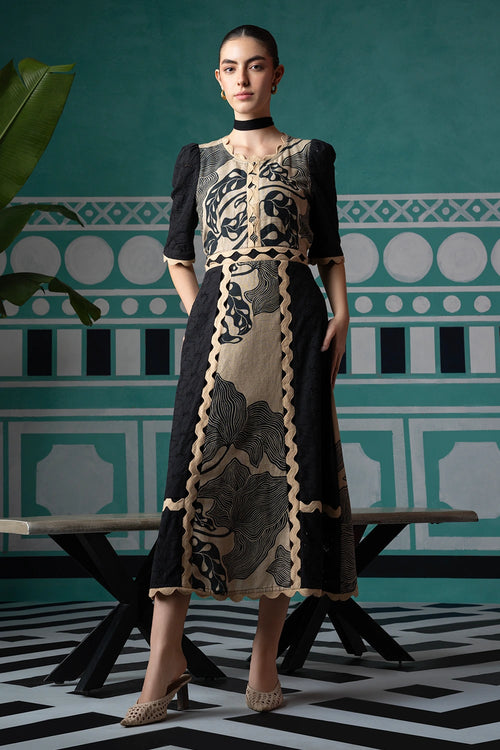 Black Print and Eyelet Lace Dress