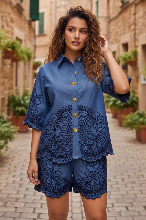 Exquisite Denim Embroidered Set