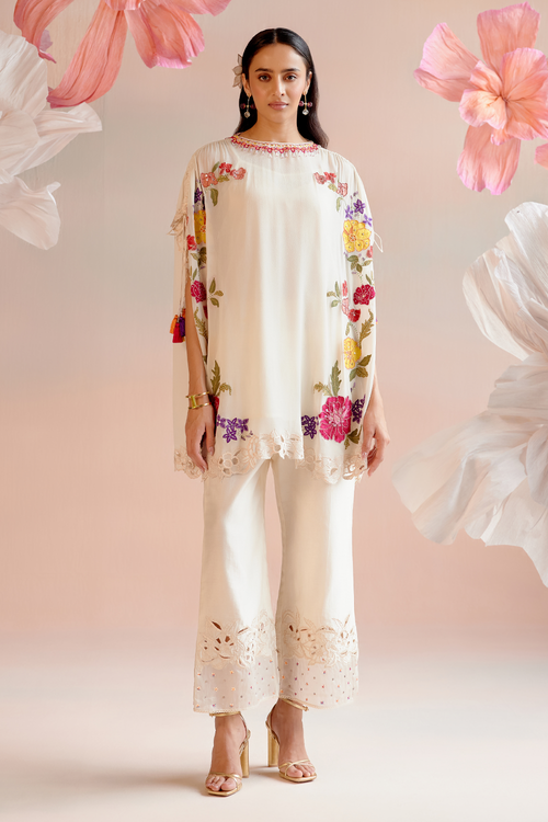Ivory Floral Embroidred Kaftan with Organza Detail Pant