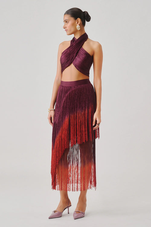 Hope Halter Neck Top In Burgundy With Burnt Wine Fringe Skirt