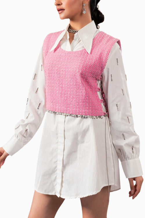 Pink Lazercut Denim Crystal Bib