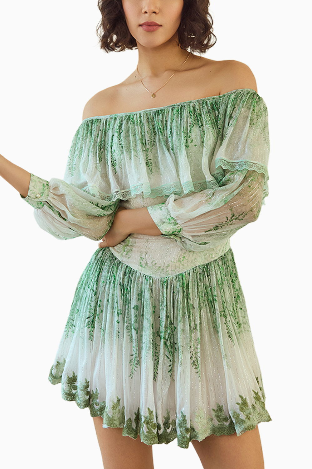 Green White Off-Shoulder Printed Short Dress