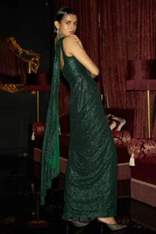 Emerald Sequin Sari Drape Gown