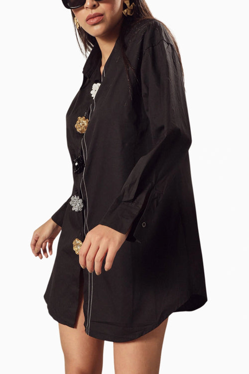 Beatrix Bejeweled Black Button Me Up Shirt Dress
