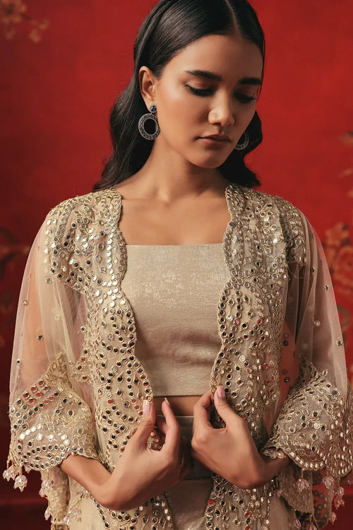 Pearl Silver Mirrorwork Cape Set