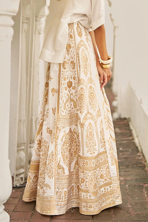 Ivory and Gold Benares Silk Brocade Maxi Skirt