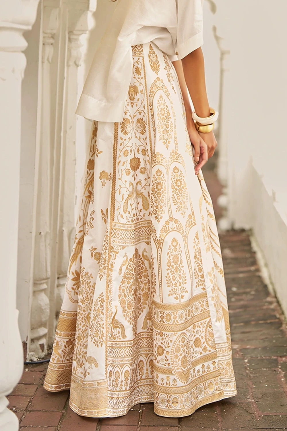 Ivory and Gold Benares Silk Brocade Maxi Skirt