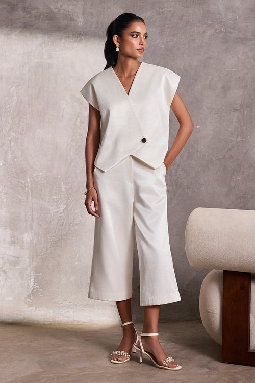 Ivory Gajji Silk Aymmetric Bolero With Ivory Gajji Silk Gaucho Pants
