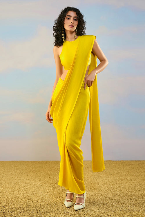 Yellow Textured Sari Drape Skirt