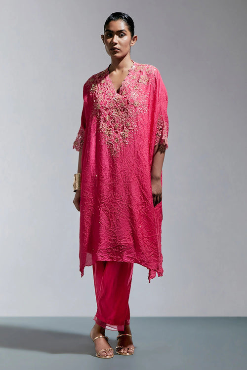 Raspberry Floral Threadwork Silk Kurta Set