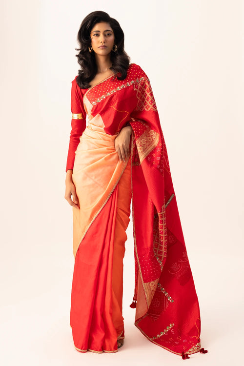 Red Bandhani Patchwork Saree